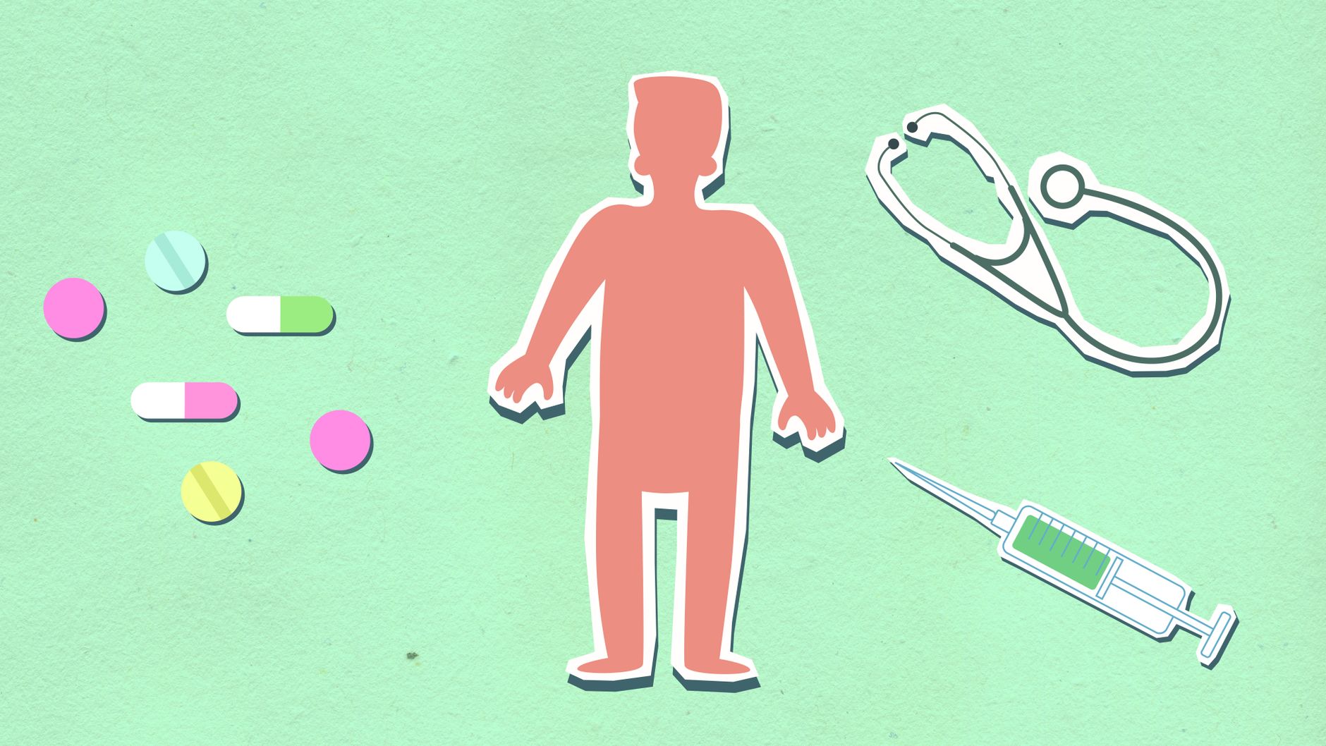 From above of decorative cardboard appliques of person between syringe with stethoscope and medications on green background —