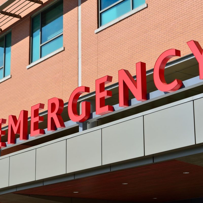 Close-up of a modern hospital emergency room entrance with prominent red letters. — Hair Loss in Squirrels